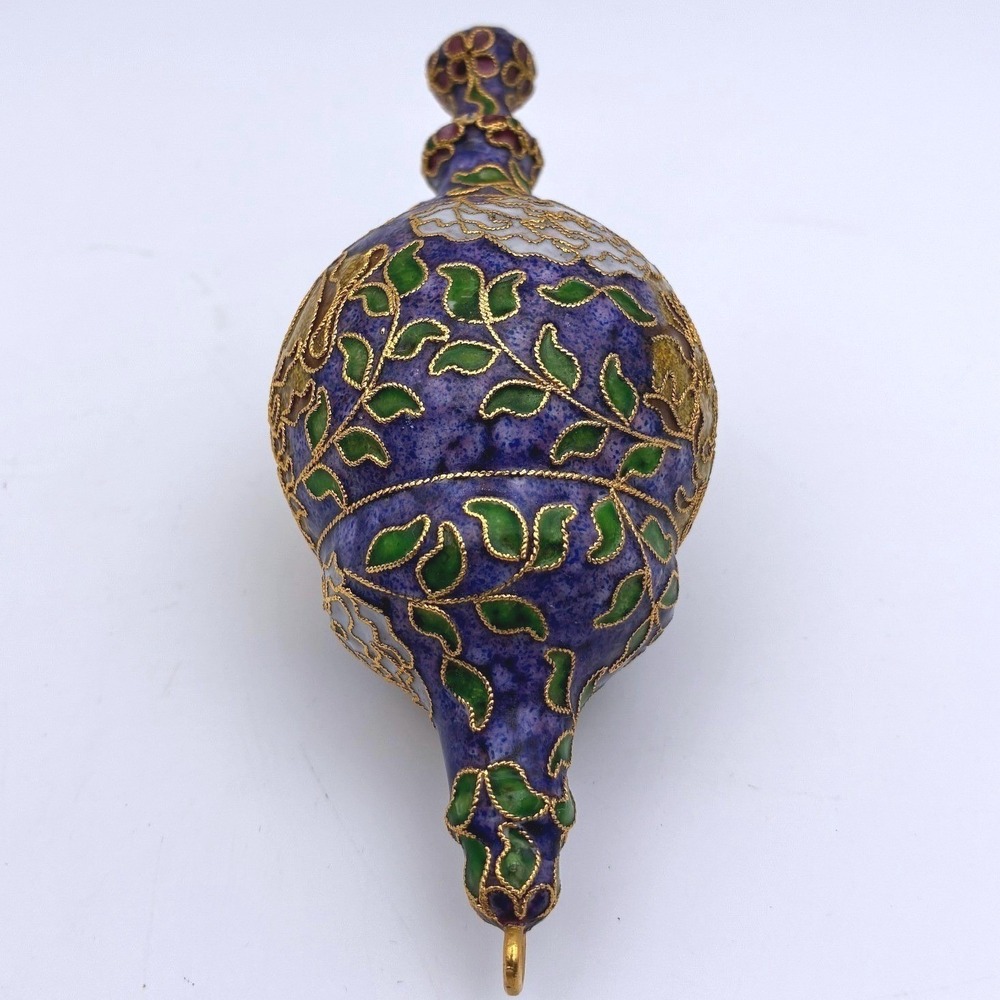 Vintage Cloisonne Enamel Floral Ornament Blue Gold Peony Teardrop Decorative